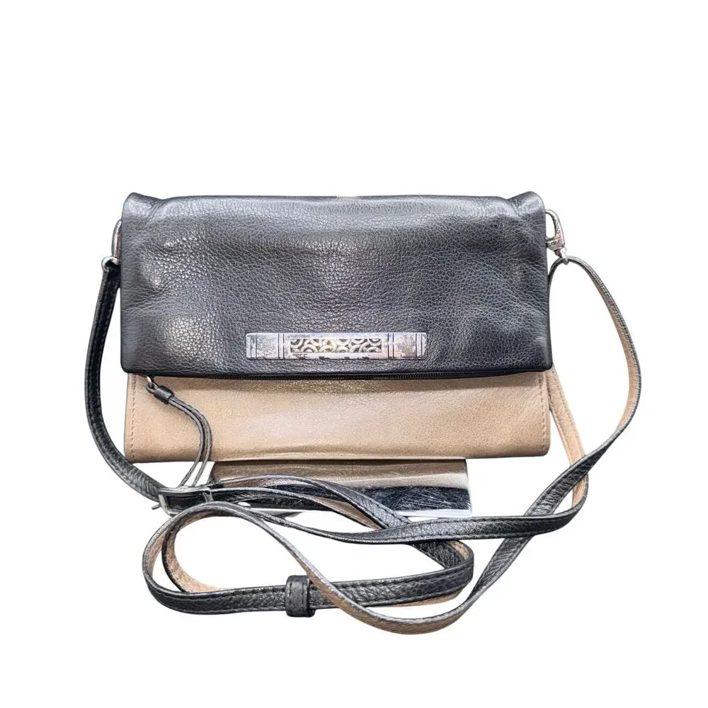 Brighton Black Taupe Leather Crossbody Wallet Organizer Bag RFID Window